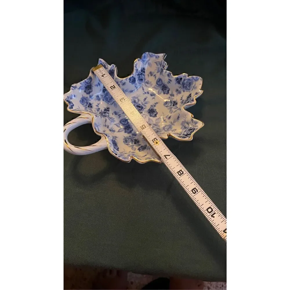 Vintage J. Godinger & Co Antique Reflections Leaf Shape Pickle Dish Blue Roses